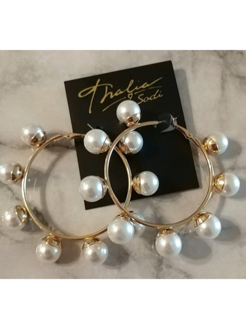 NWT Thalia Sodi Gold- tone Large Imitation Pearl Hoop Earrings New with tag